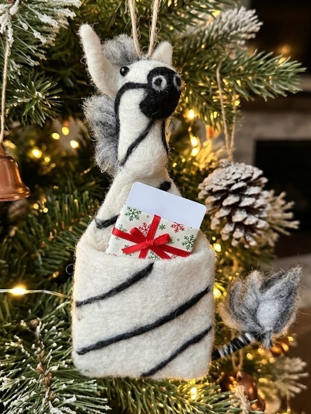 Felted Zebra Gift Card Holder Ornament – Handcrafted Christmas Tree Ornament